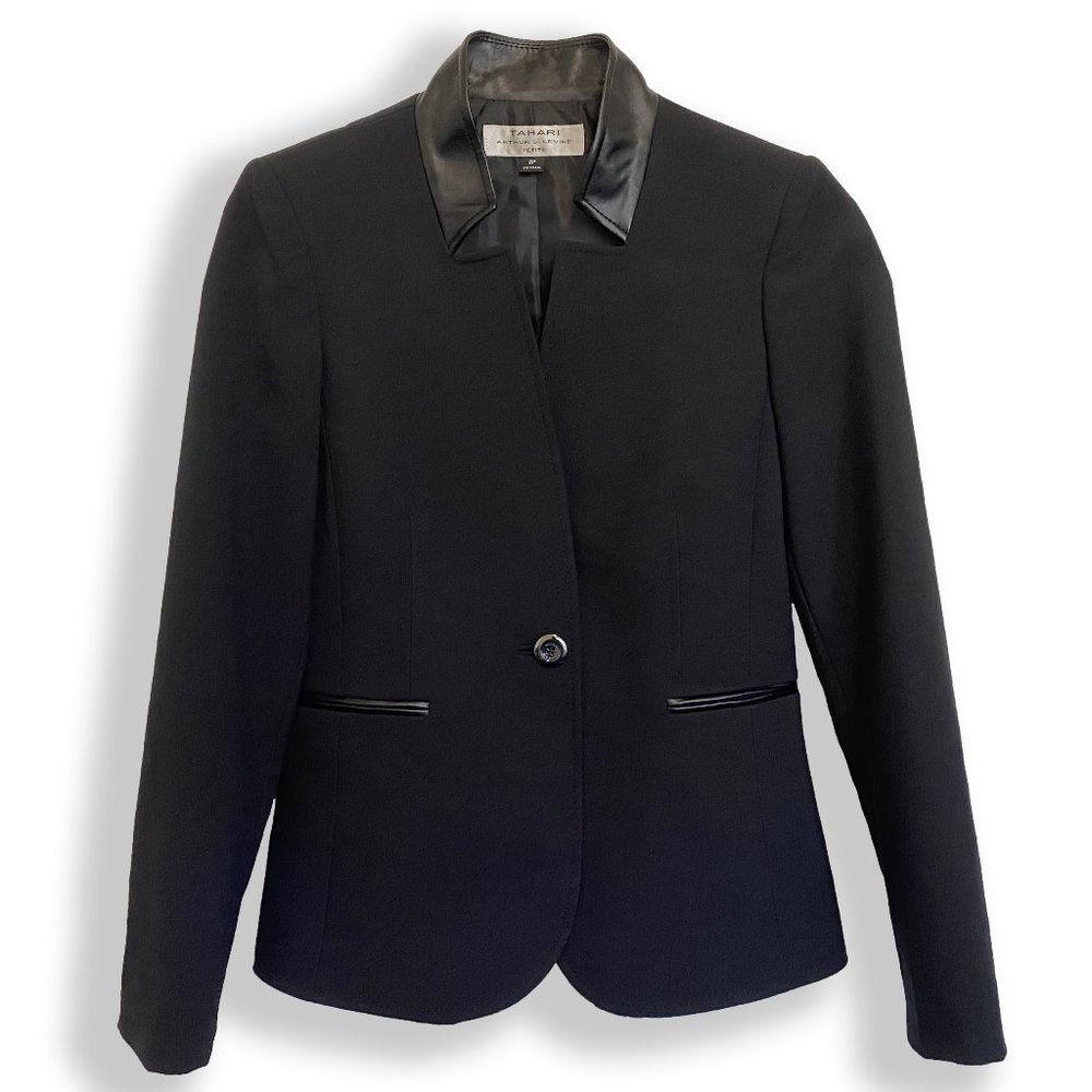 Tahari Arthur S. Levine Black Women's Blazer with Faux Leather Trim Petite 2P